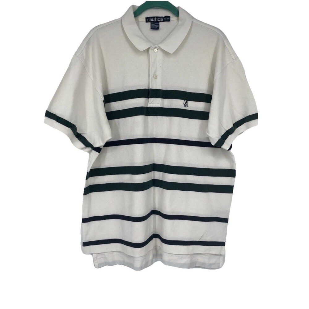 VTG 90s Nautica Polo Shirt Stripe Preppy Yacht Boating Classic Green Blue Logo